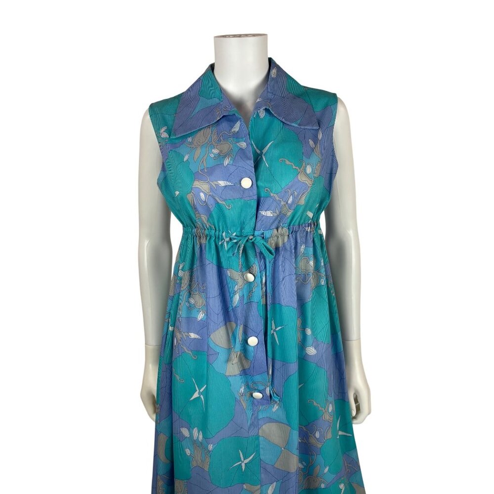 Vintage 70s Maxi Dress Womens Medium Trippy Aqua Lavender Tropical Empire Waist - Picture 2 of 13